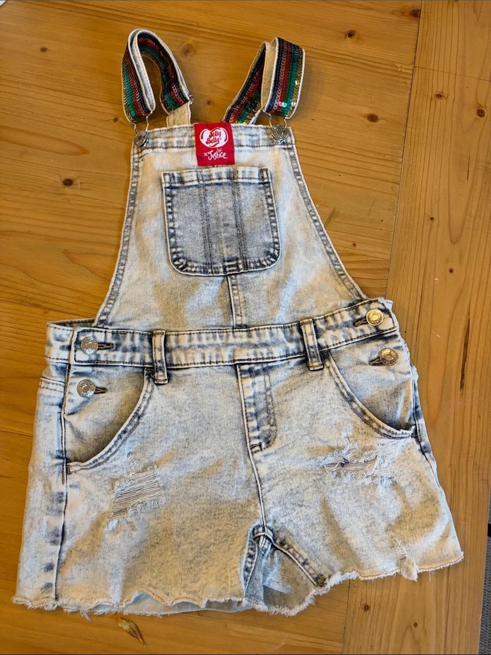 Justice x Jelly Belly sugar and stripe girls denim shortalls size 12